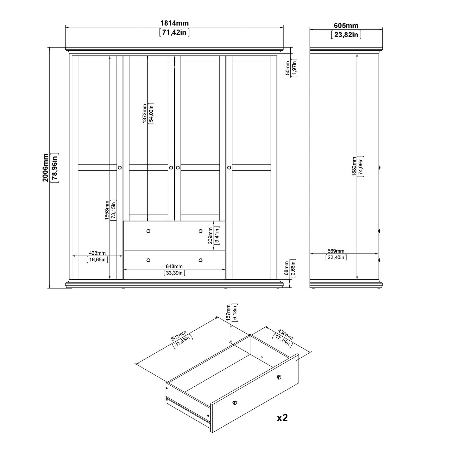 Osaka Farmhouse White Wooden Wardrobe 4 Doors 2 Drawers