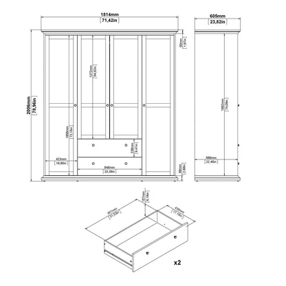 Osaka Farmhouse White Wooden Wardrobe 4 Doors 2 Drawers