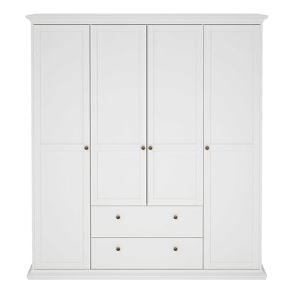 Osaka Farmhouse White Wooden Wardrobe 4 Doors 2 Drawers