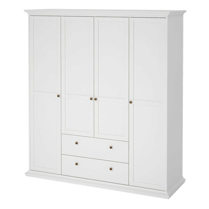 Osaka Farmhouse White Wooden Wardrobe 4 Doors 2 Drawers