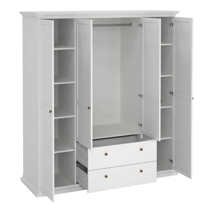 Osaka Farmhouse White Wooden Wardrobe 4 Doors 2 Drawers