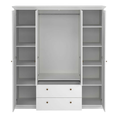 Osaka Farmhouse White Wooden Wardrobe 4 Doors 2 Drawers