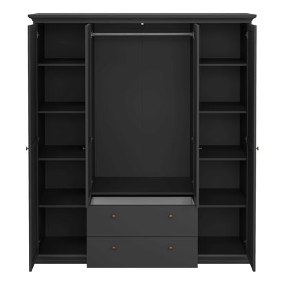 Osaka Farmhouse Dark Grey Wooden Wardrobe 4 Doors 2 Drawers