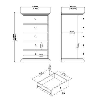 Osaka Tall Dark Farmhouse Grey Wooden Chest 5 Drawers