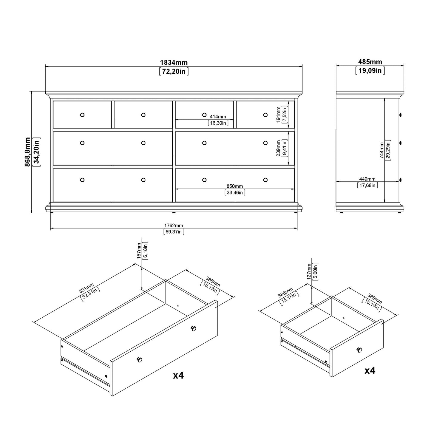 Osaka Farmhouse Dark Grey Wide Wooden Chest 8 Drawers
