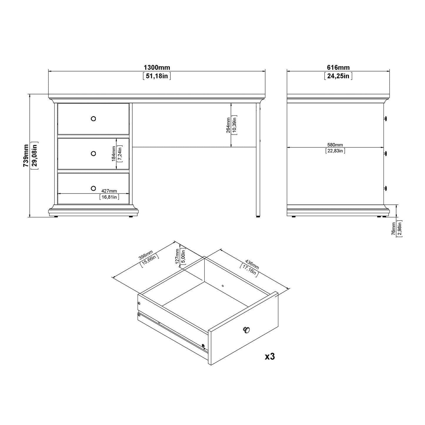 Osaka Farmhouse Dark Grey Wooden Desk 3 Drawers