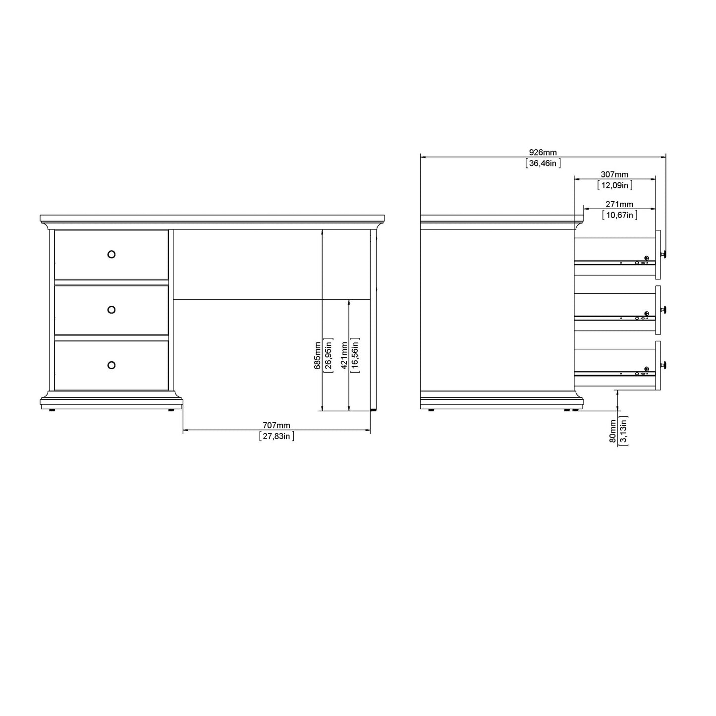 Osaka Farmhouse Dark Grey Wooden Desk 3 Drawers