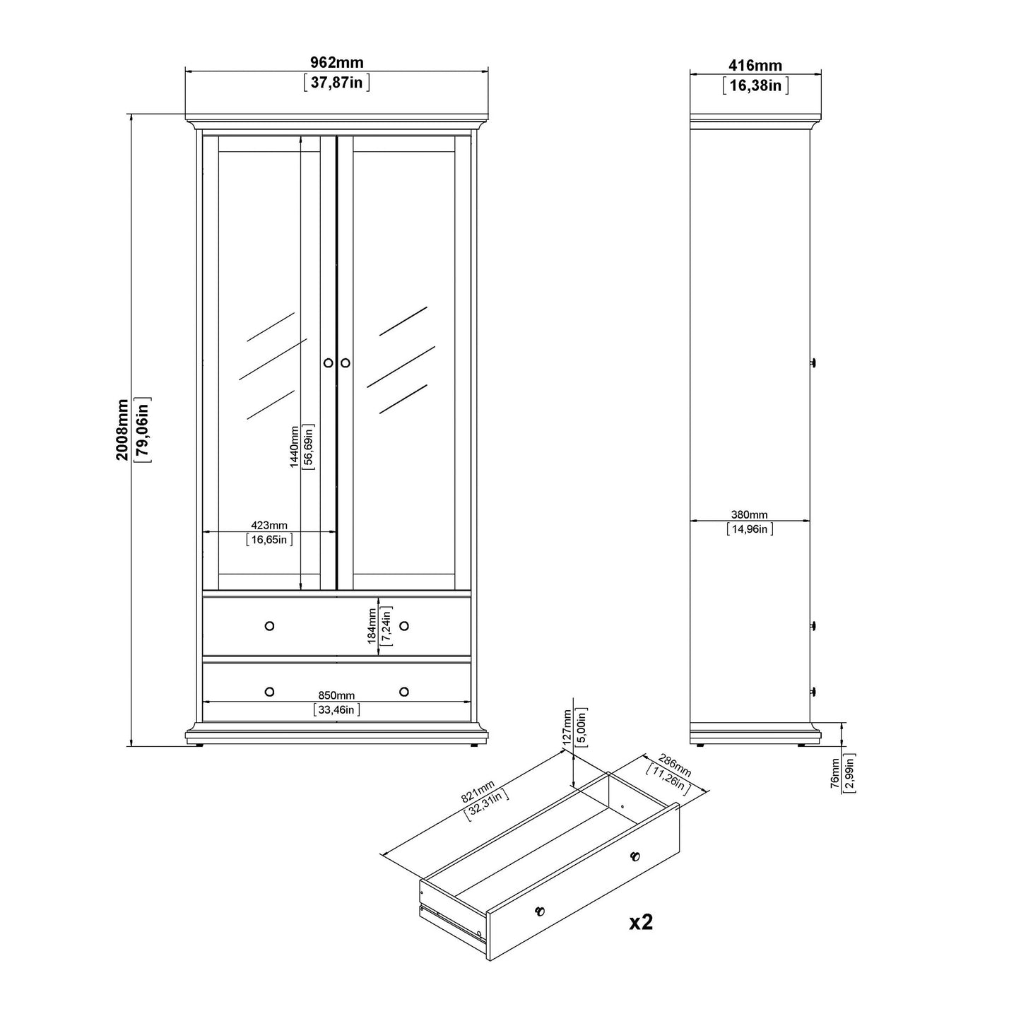 Osaka Farmhouse Dark Grey Wooden China Cabinet 2 Drawers 2 Doors 3 Shelves