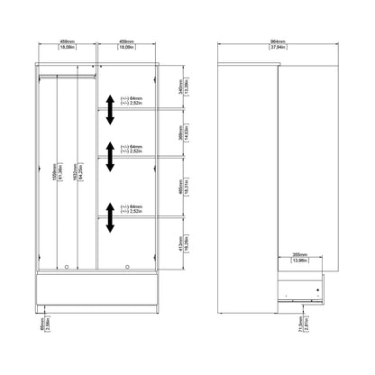 Budapest White Wooden Wardrobe 2 Doors 1 Drawer