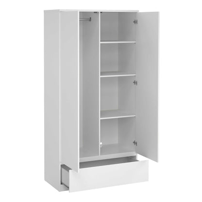 Budapest White Wooden Wardrobe 2 Doors 1 Drawer
