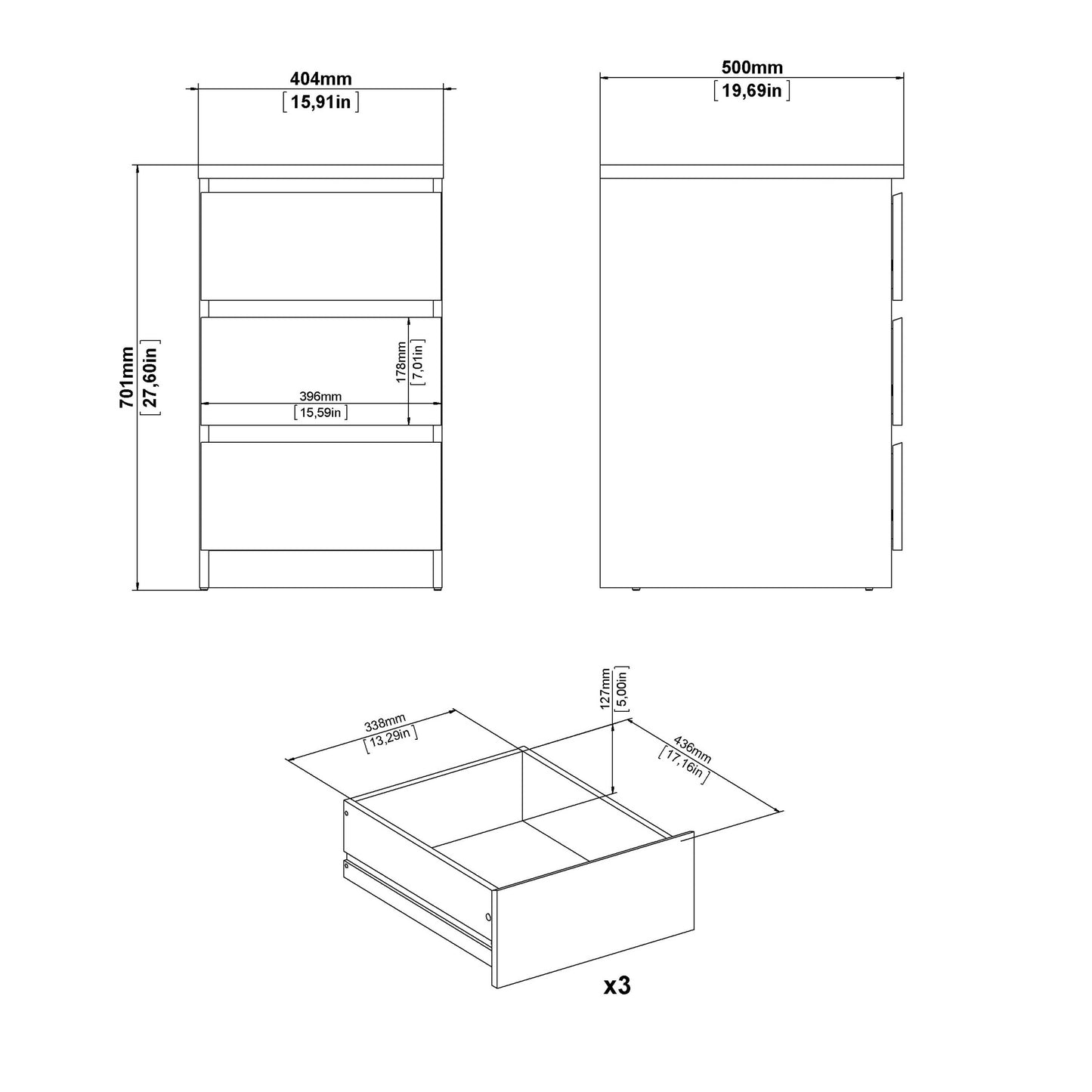 Budapest Matt Black Wooden Bedside Table 3 Drawers