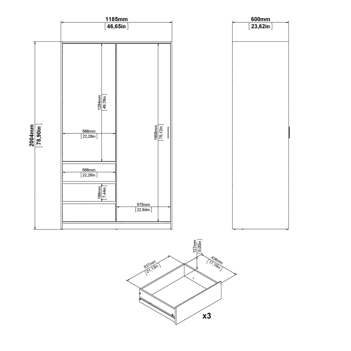 Budapest White Wooden Wardrobe 2 Doors 3 Drawers