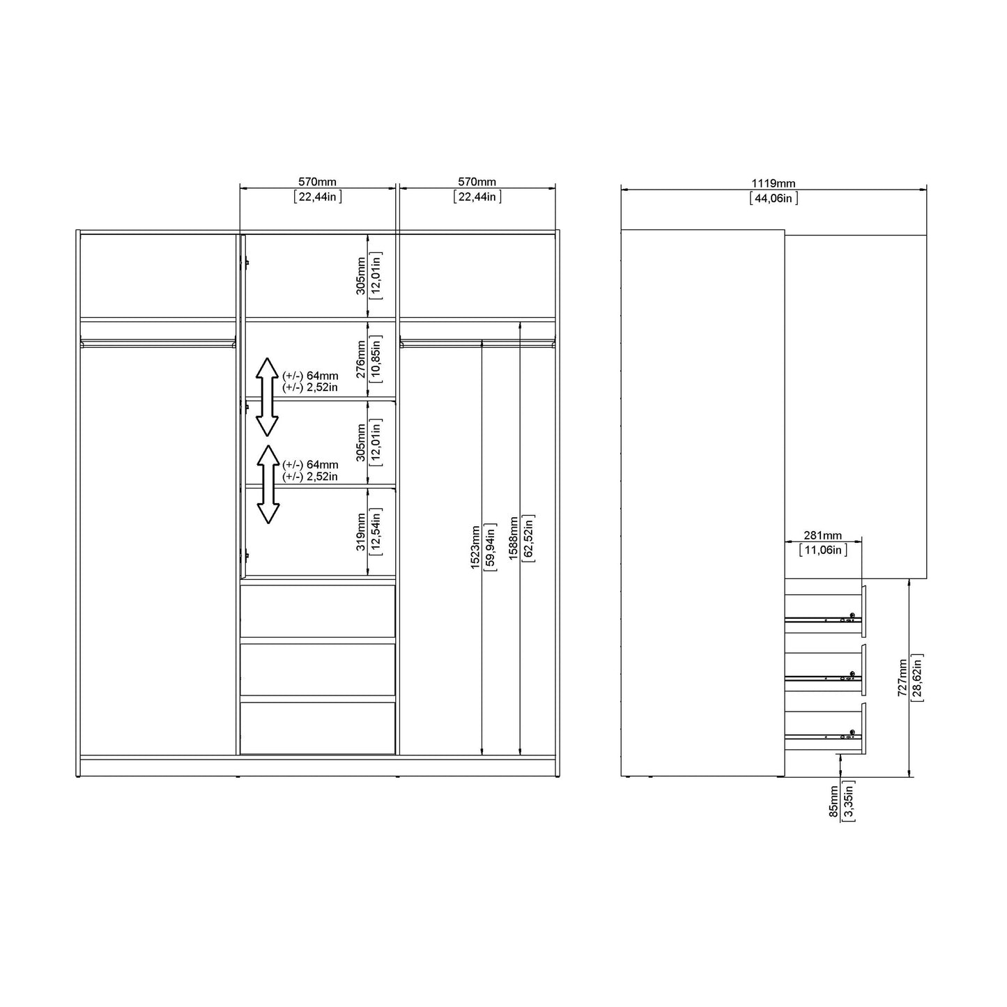 Budapest White Wooden Wardrobe 3 Doors 3 Drawers