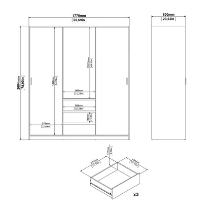 Budapest White Wooden Wardrobe 3 Doors 3 Drawers