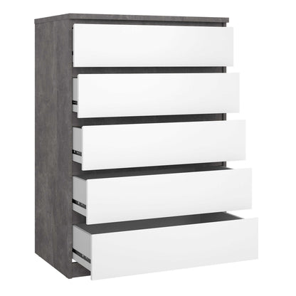 Budapest Tall Concrete Effect and White Wooden Chest of 5 Drawers