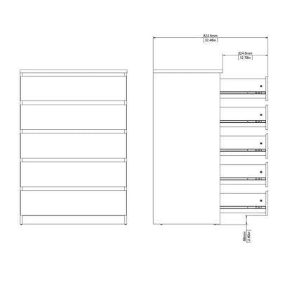 Budapest Tall White Wooden Chest 5 Drawers