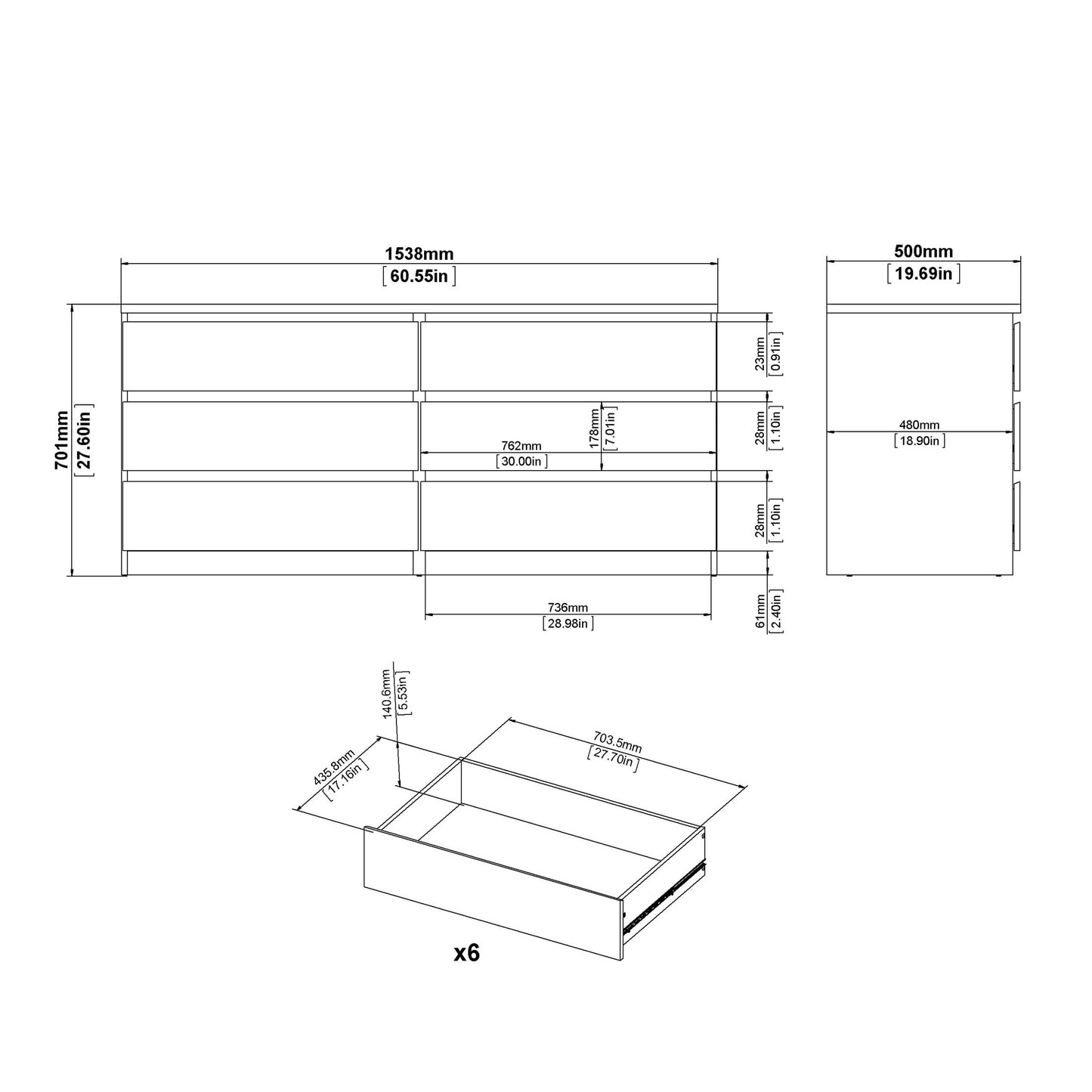 Budapest White Wooden Wide Chest 6 Drawers