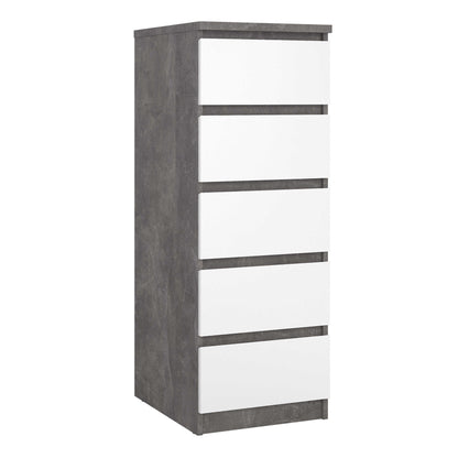 Budapest Concrete Effect and White Wood Narrow Chest 5 Drawers