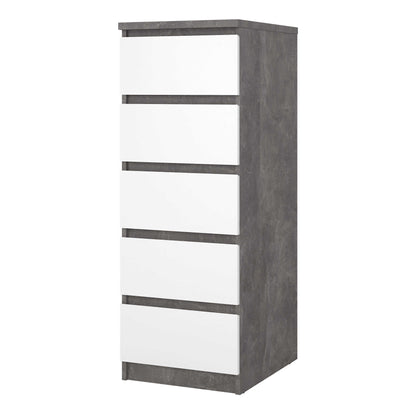 Budapest Concrete Effect and White Wood Narrow Chest 5 Drawers