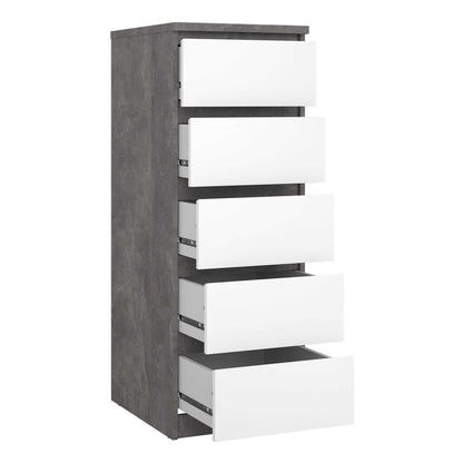 Budapest Concrete Effect and White Wood Narrow Chest 5 Drawers