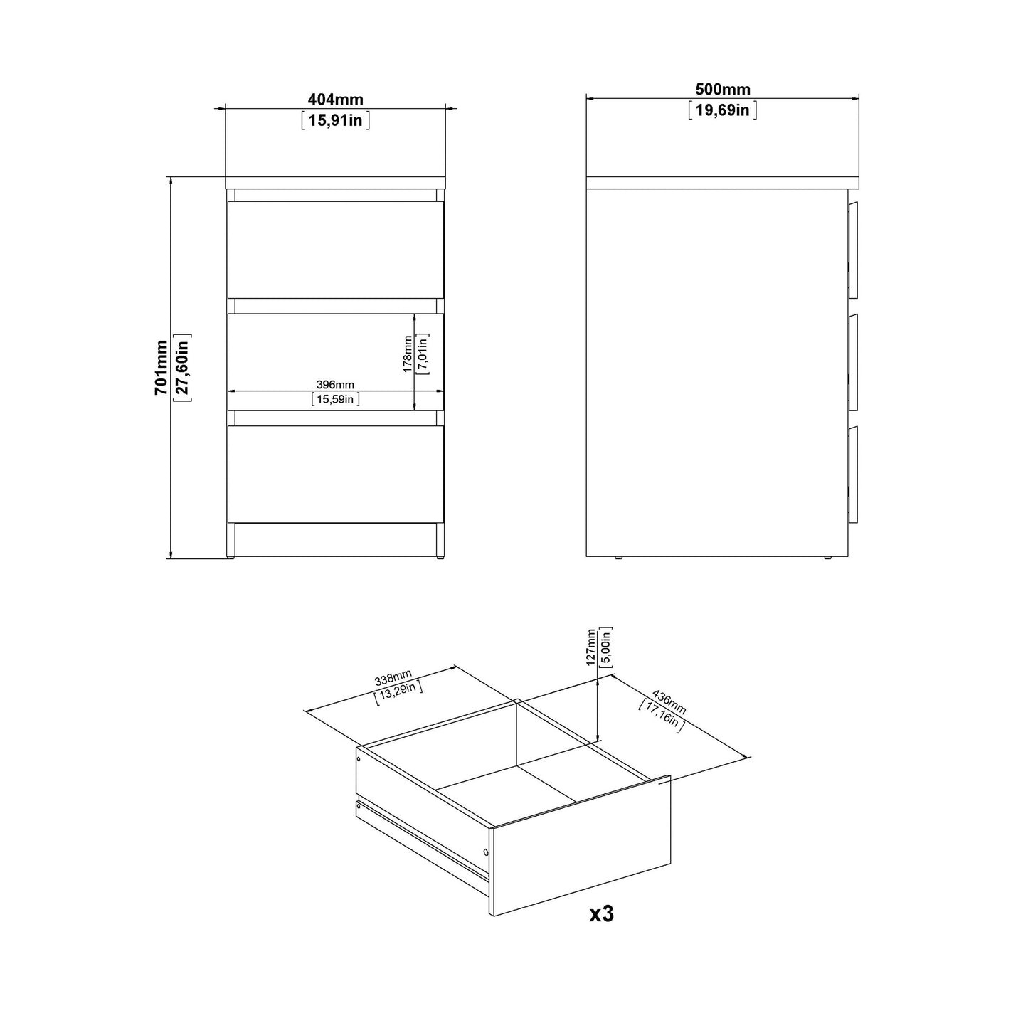 Budapest Concrete Effect and White Wooden Bedside Table 3 Drawers