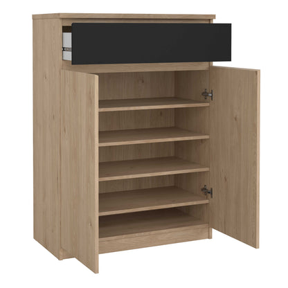 Budapest Natural Oak Effect Wood and Black Shoe Cabinet 2 Doors 1 Drawer