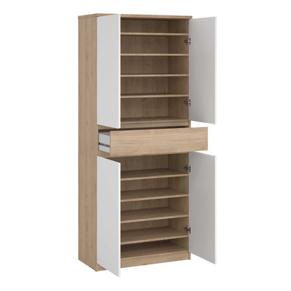 Budapest White and Natural Oak Effect Wood Shoe Cabinet 4 Doors 1 Drawers