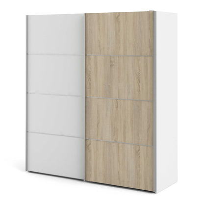 Bordeaux Wide White and Natural Oak Double Sliding Door Wardrobe 5 Shelves 180cm