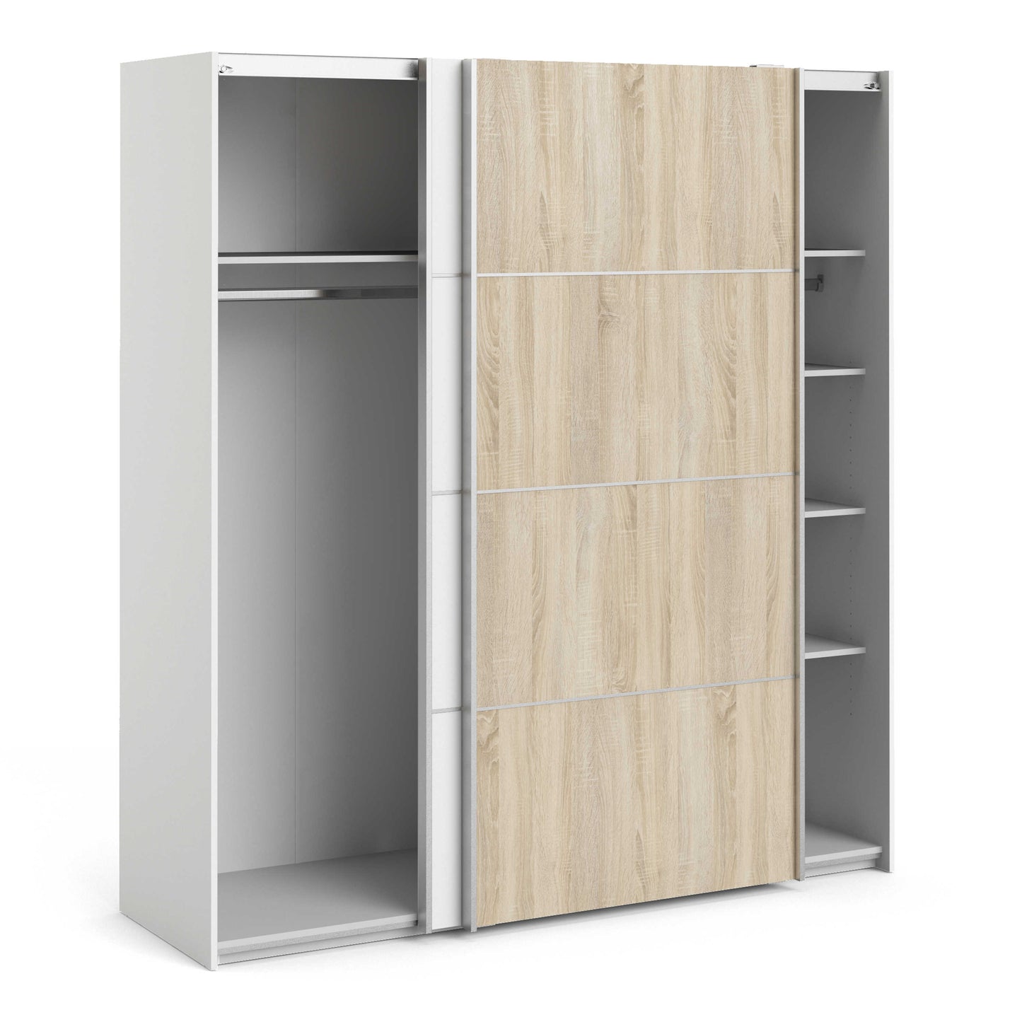 Bordeaux Wide White and Natural Oak Double Sliding Door Wardrobe 5 Shelves 180cm