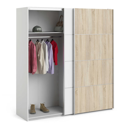 Bordeaux Wide White and Natural Oak Double Sliding Door Wardrobe 5 Shelves 180cm