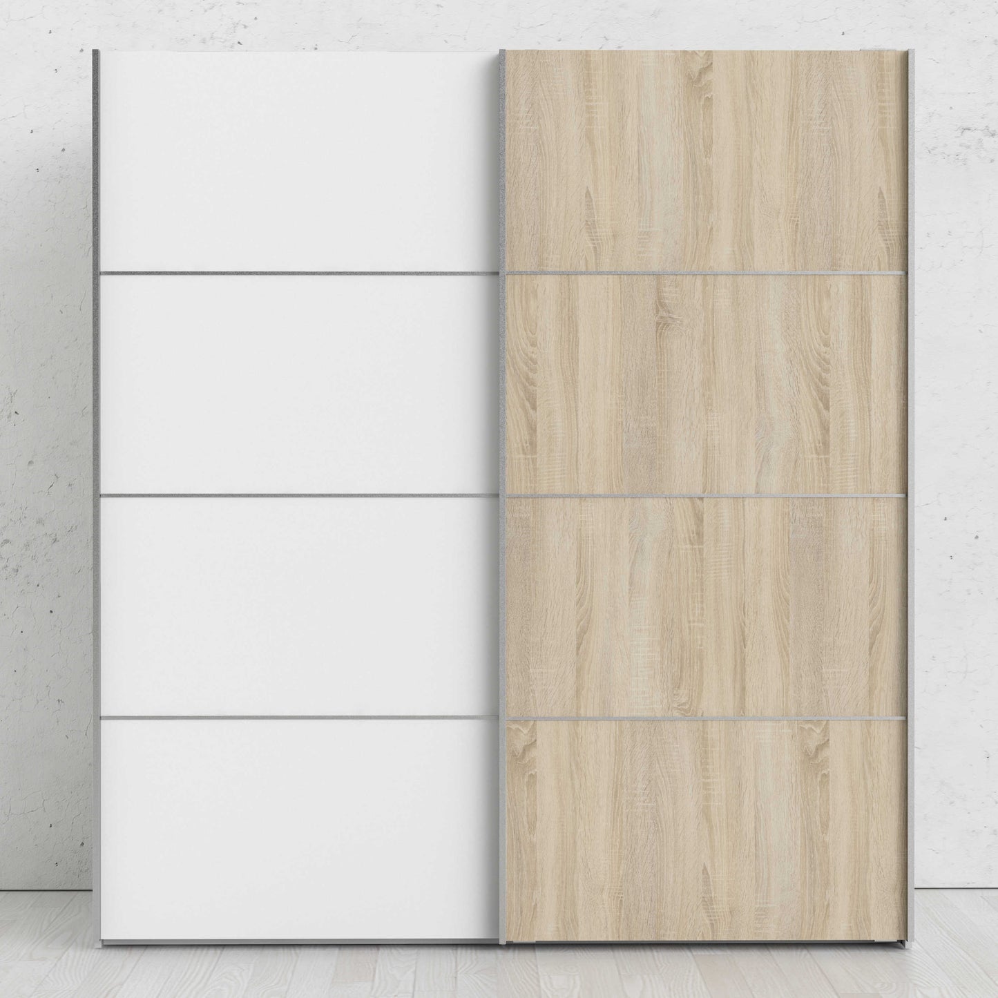 Bordeaux Wide White and Natural Oak Double Sliding Door Wardrobe 5 Shelves 180cm