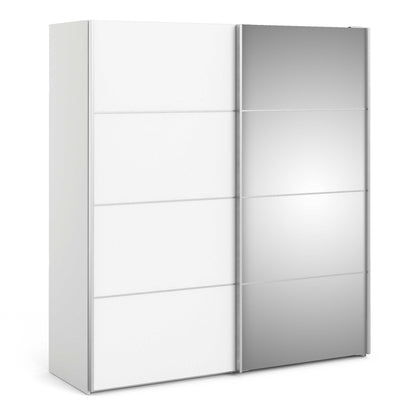 Bordeaux Wide White and Mirror Double Sliding Door Wardrobe 5 Shelves 180cm