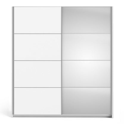 Bordeaux Wide White and Mirror Double Sliding Door Wardrobe 5 Shelves 180cm