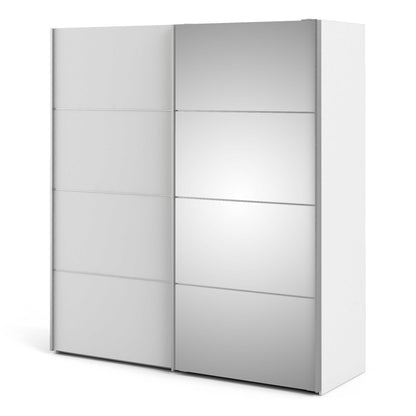 Bordeaux Wide White and Mirror Double Sliding Door Wardrobe 5 Shelves 180cm
