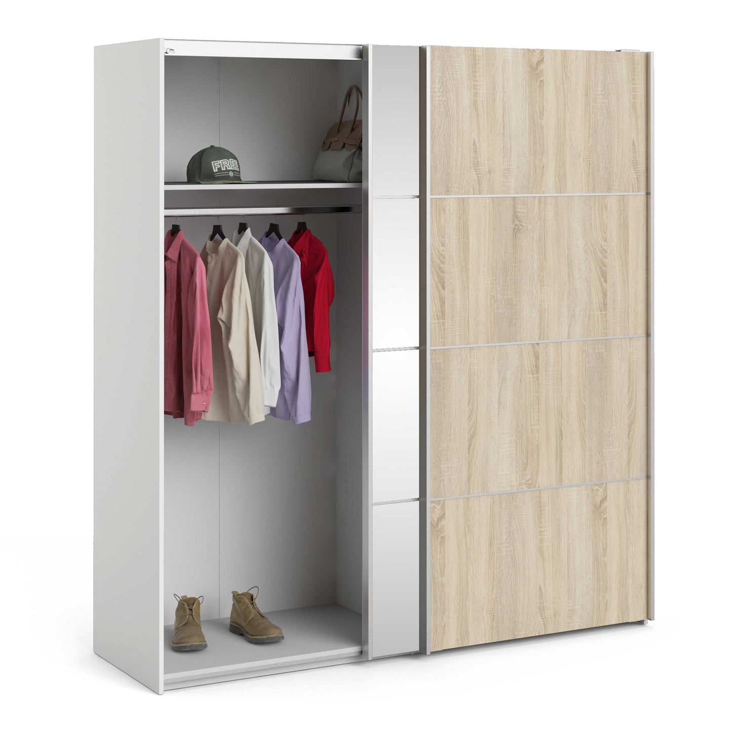 Bordeaux Mirror and Natural Double Sliding Door Wardrobe 180cm 5 Shelves