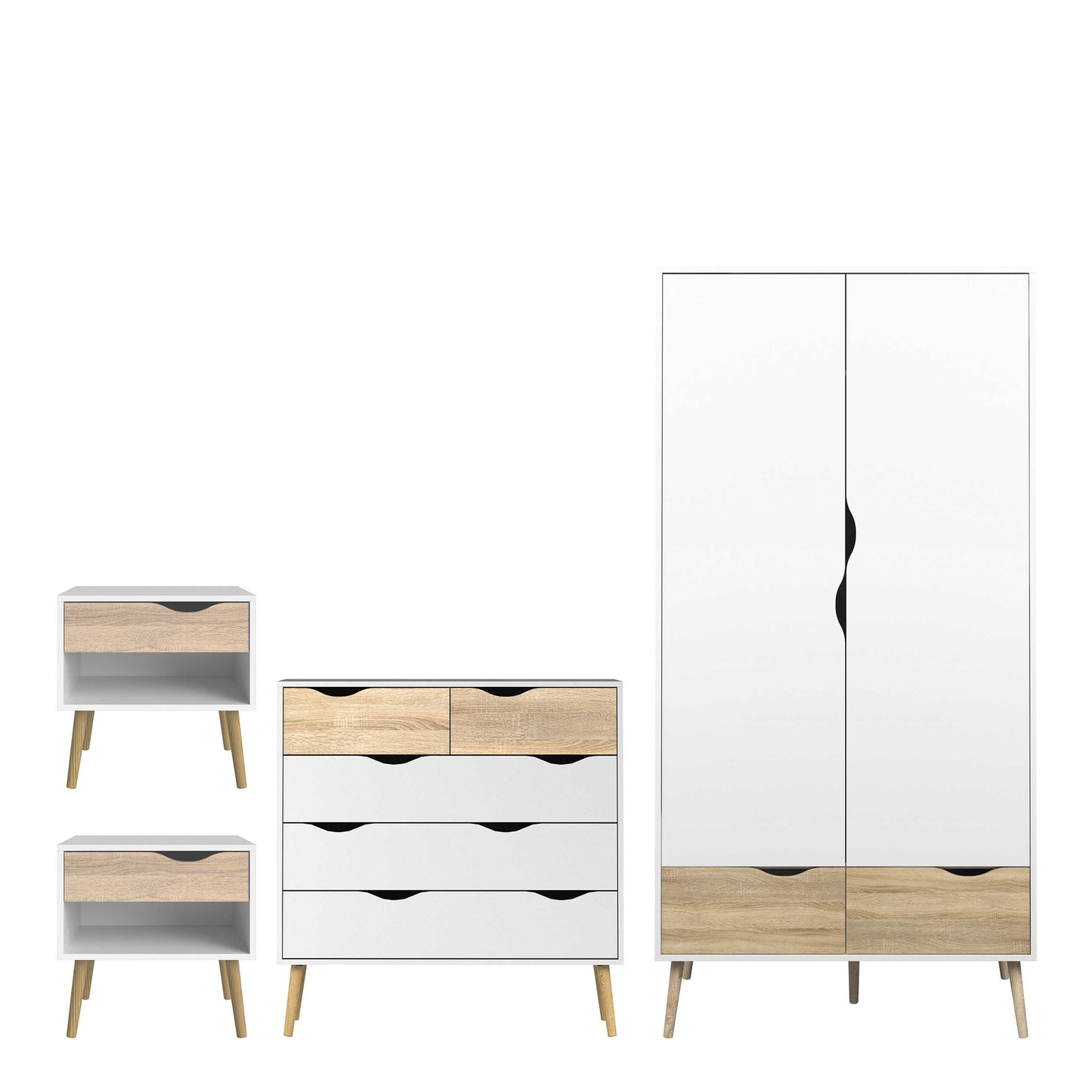 Sapporo 4 Piece Bedroom Set - Wardrobe + 2 Bedsides Table + Chest of Drawers White and Natural Oak Effect