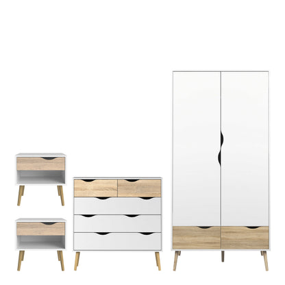 Sapporo 4 Piece Bedroom Set - Wardrobe + 2 Bedsides Table + Chest of Drawers White and Natural Oak Effect