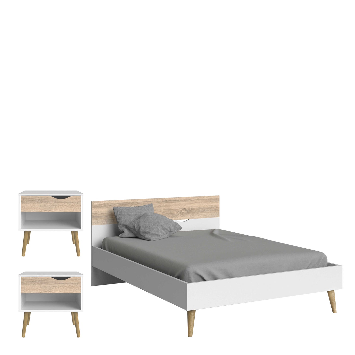 Sapporo 3 Piece White and Natural Oak Effect Bedroom Set - 2 Bedsides Tables + Double Bed