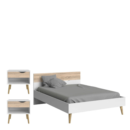 Sapporo 3 Piece White and Natural Oak Effect Bedroom Set - 2 Bedsides Tables + Double Bed