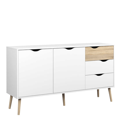 Sapporo White and Natural Oak Wood Large Sideboard 3 Drawers 2 Doors