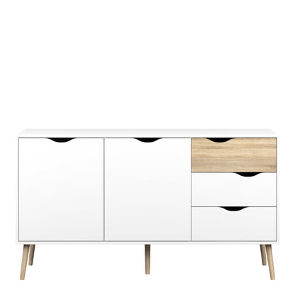 Sapporo White and Natural Oak Wood Large Sideboard 3 Drawers 2 Doors