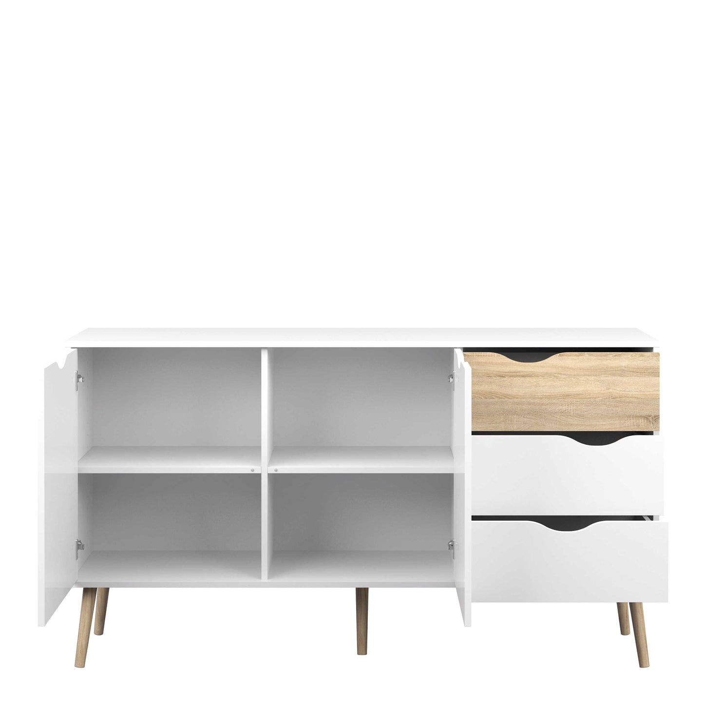 Sapporo White and Natural Oak Wood Large Sideboard 3 Drawers 2 Doors