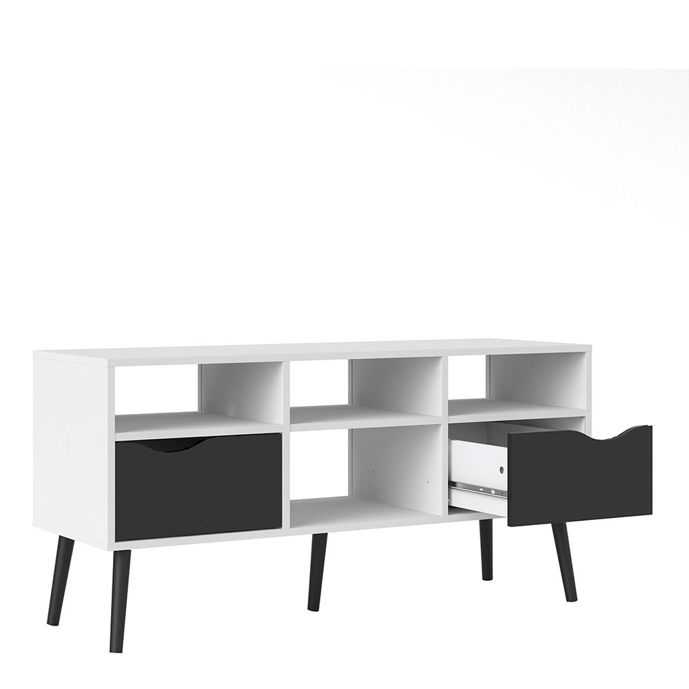 Sapporo White and Matt Black Wide TV Unit 2 Drawers 4 Shelves