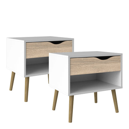 Set of 2 Sapporo White and Natural Oak Effect Bedside Tables 1 Drawer