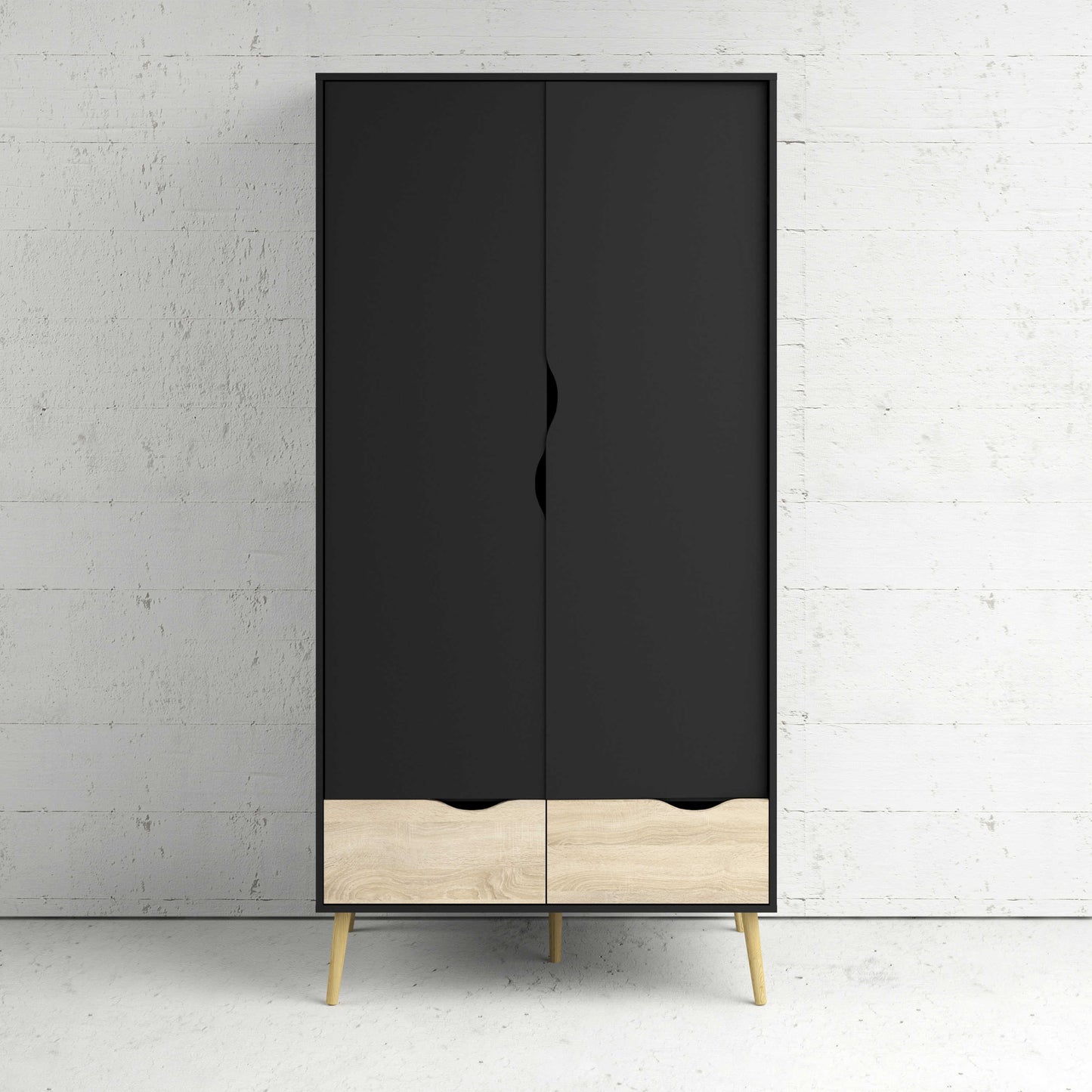 Sapporo Black and Natural Oak Wardrobe 2 Doors 2 Drawers