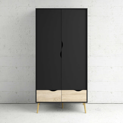 Sapporo Black and Natural Oak Wardrobe 2 Doors 2 Drawers