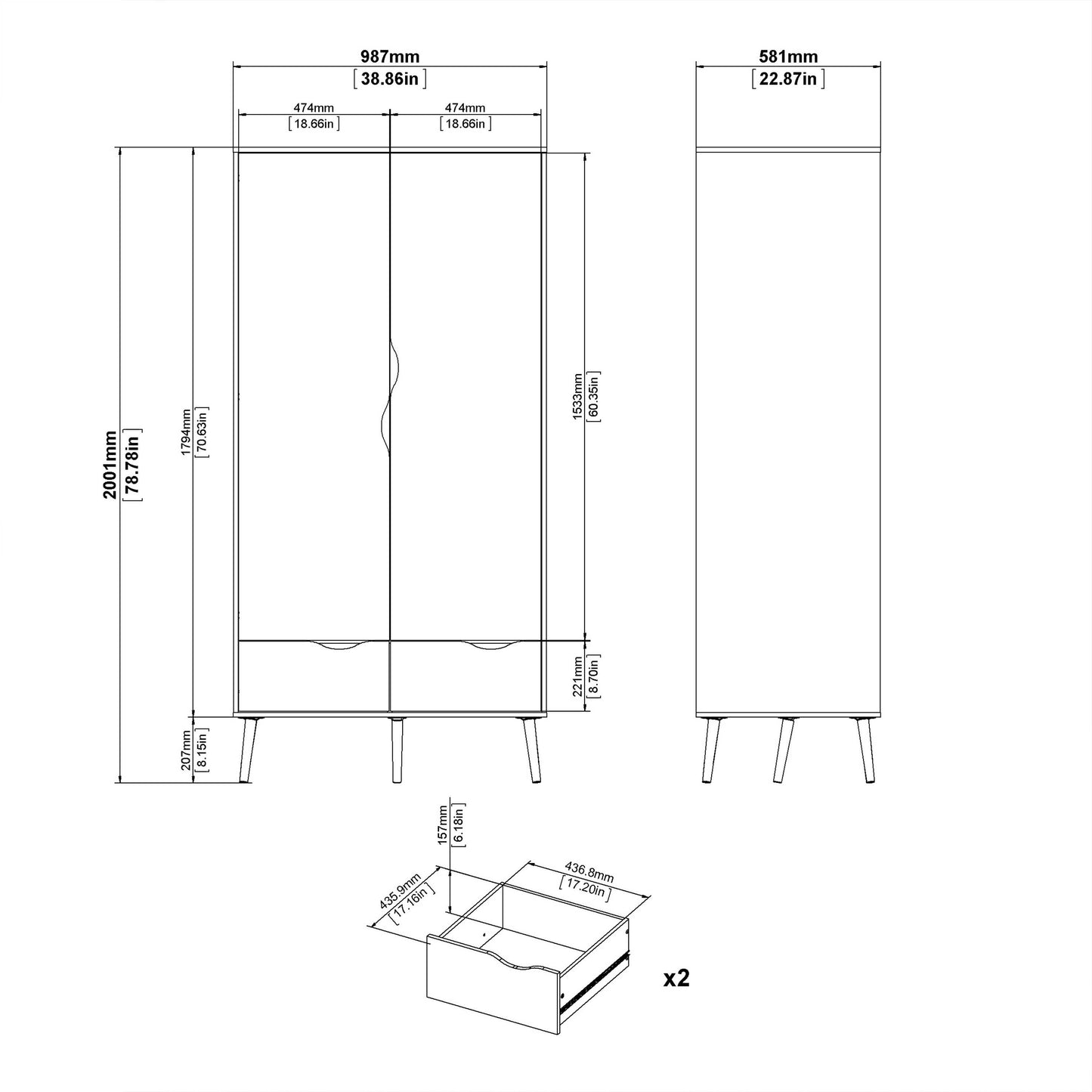 Sapporo Black and Natural Oak Wardrobe 2 Doors 2 Drawers