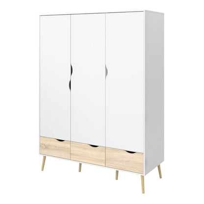 Sapporo White and Natural Oak Effect Wardrobe 3 Doors 3 Drawers