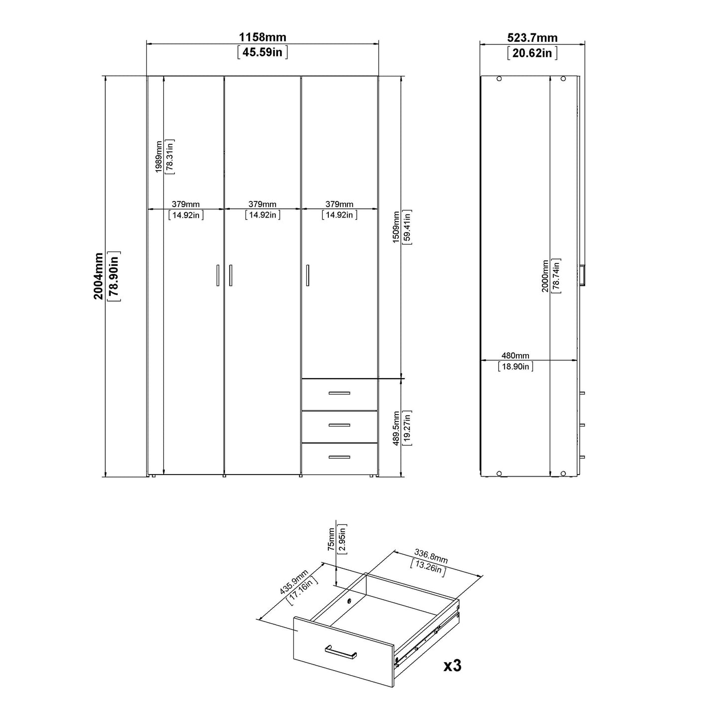 Munich White Wooden 3 Doors 3 Drawers 5 Shelves