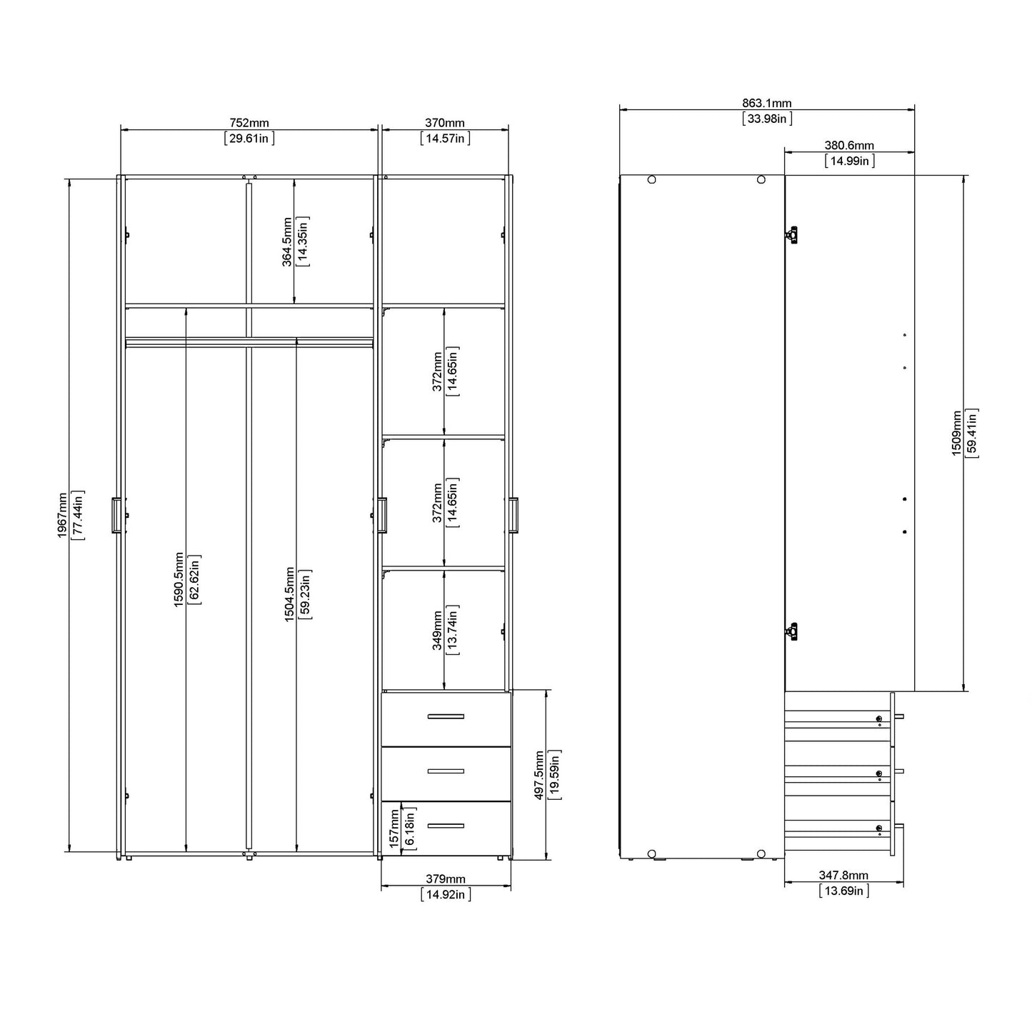Munich White Wooden 3 Doors 3 Drawers 5 Shelves